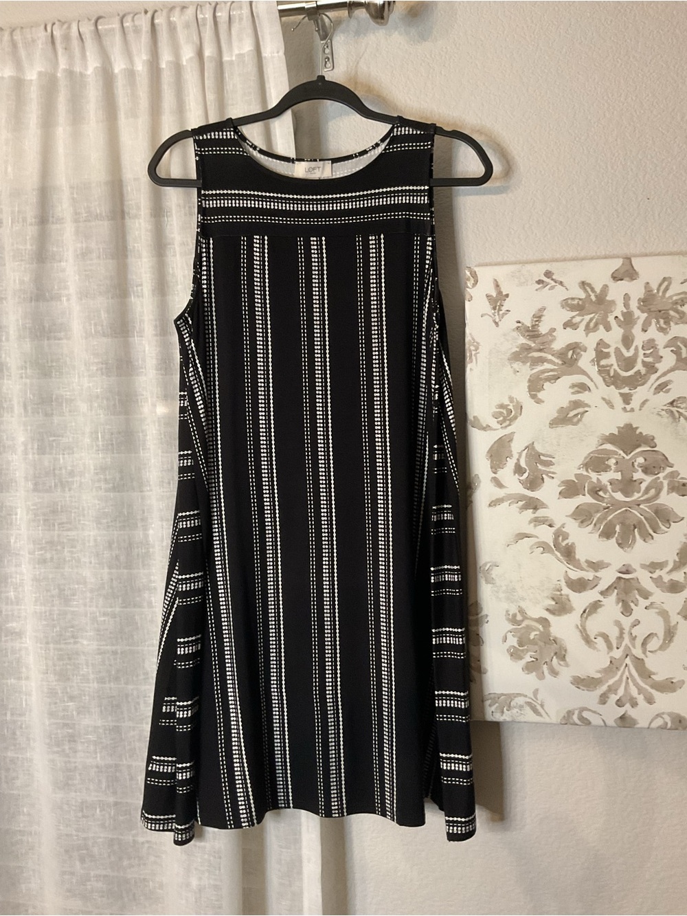 LOFT Black and White Vertical Stripe Sleeveless Swing Dress